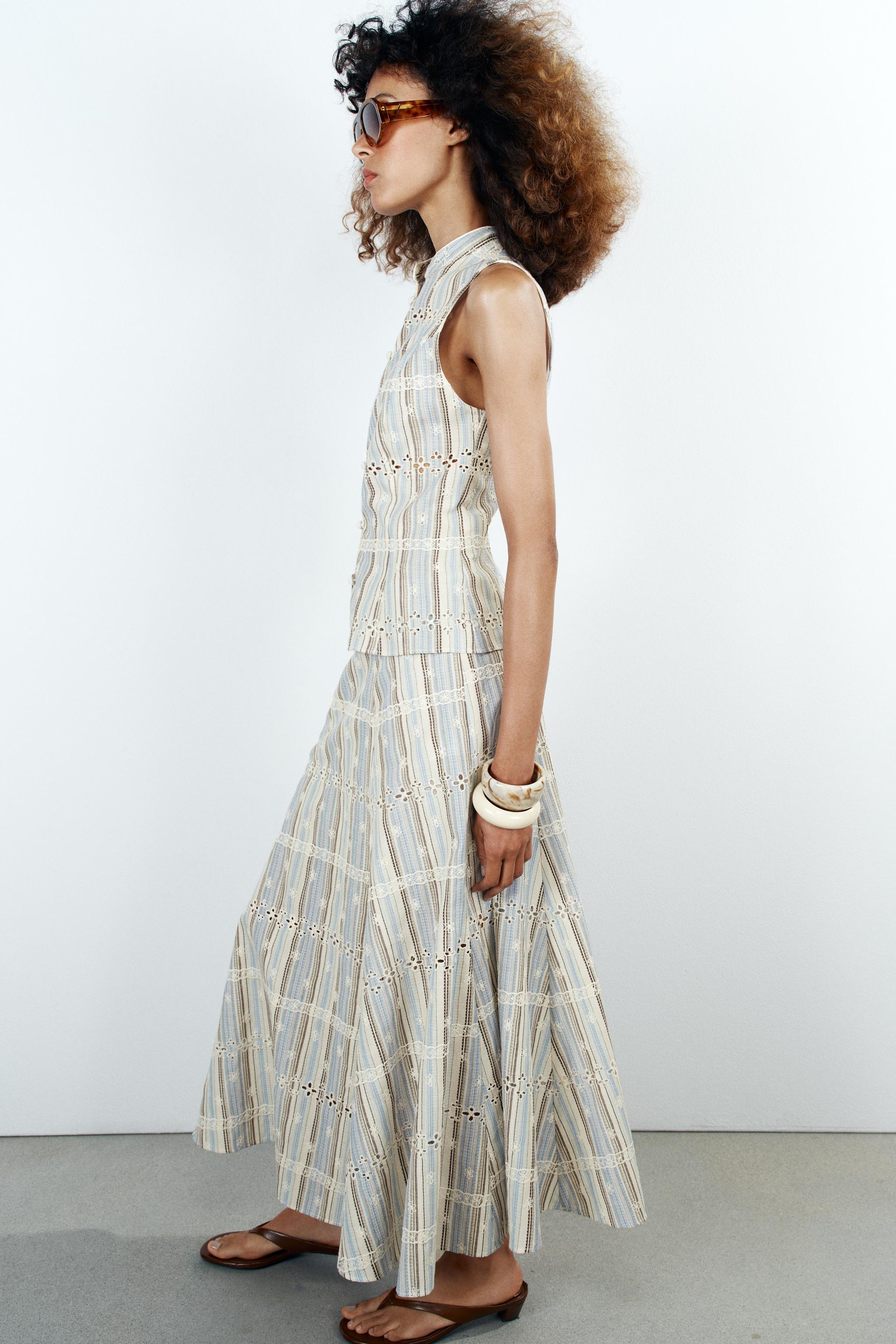 STRIPED EMBROIDERED MIDI SKIRT